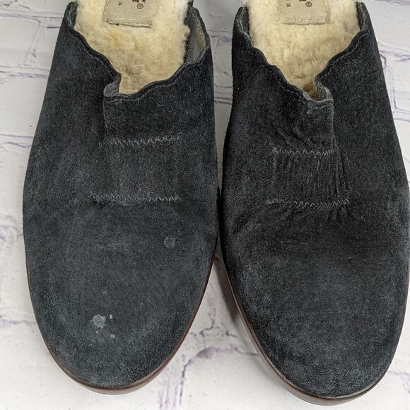UGG Shearling Lined Black Suede Heeled Mules Clogs - Picture 10 of 14